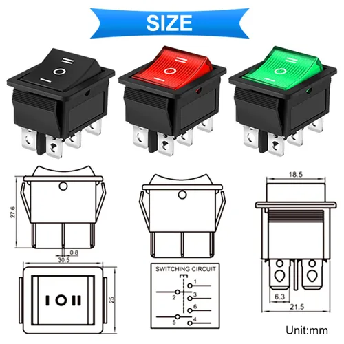 Miniatura 4 de Interruptor basculante AC 16A/250V 20A/125V DPDT On/Off/On Mini botón de presión de 3 colores (negro/rojo/verde) 6 pines 3 posiciones LED