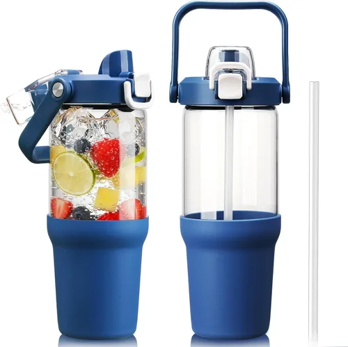Miniatura 14 de Vaso de vidrio con asa de transporte, botella de agua de vidrio transparente con tapa a prueba de fugas, tapa de boquilla y popote, sin BPA, 32