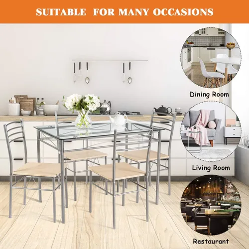 Miniatura 7 de Juego de mesa de comedor moderno para 4, juego de mesa de comedor con mesa de cristal, marco de metal y asiento de madera, mesa de cocina de 5