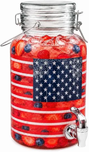 Dispensador de bebidas de vidrio de 1 galón con espita – Dispensador de bebidas con bandera estadounidense del 250 aniversario, a prueba de fugas,
