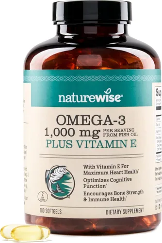 NatureWise Suplemento de Aceite de Pescado Omega 3 Extra Fuerte – 1000 mg por Porción – 600 EPA y 400 DHA y Vitamina E – Apoyo para la Salud del