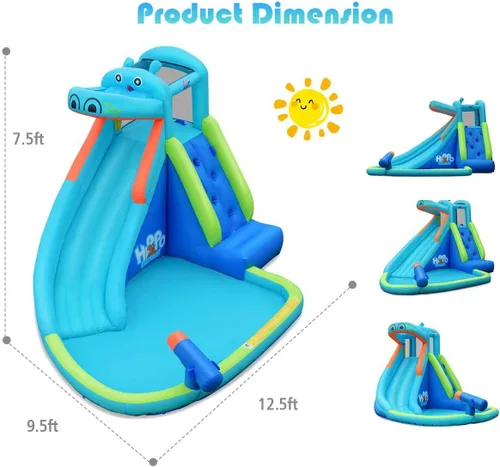 Miniatura 6 de HONEY JOY Tobogán acuático inflable, tema hipopótamo, parque acuático, casa de rebote para patio trasero, pared de escalada y tobogán, toboganes