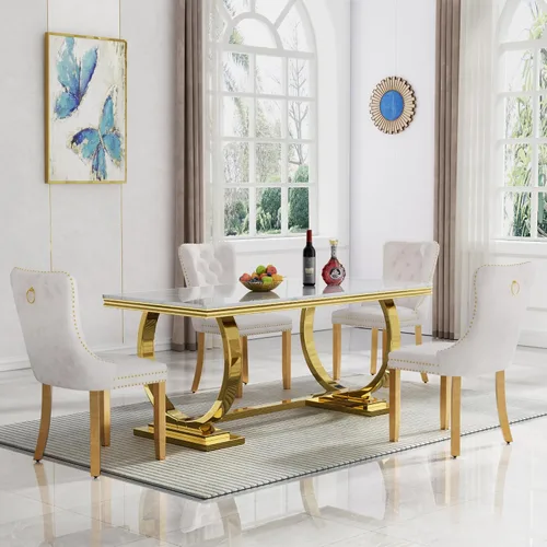 HomVent Juego de mesa de comedor moderna de mármol sintético para 4 personas, mesa de cocina rectangular con 4 sillas beige (dorado)