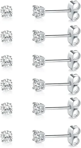 Aretes de tuerca chapados en oro blanco de 18 quilates de 3 a 0.315 in con circonita cúbica redonda, paquete de 6 pares