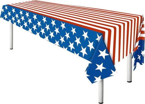 Miniatura 3 de Esjay Mantel del 4 de julio, paquete de 2 manteles de plástico con bandera estadounidense (54 x 72 pulgadas) para suministros de fiesta patriótica
