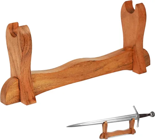Mythrojan Soporte de espada medieval de madera maciza horizontal para katana, samurái, gladiador, espadas cruzadas, soporte de mesa elegante, 1 nivel