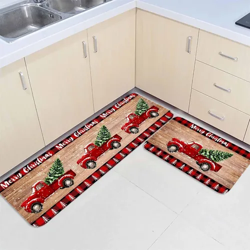 Miniatura 3 de Juego de 2 alfombras de cocina con camión rojo, árbol de Navidad rojo sobre tablero de madera retro, antideslizante, cómodo, tapete de pie