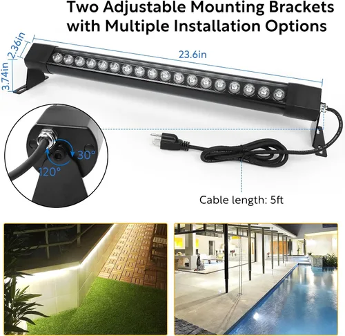 Miniatura 5 de HNRLOY Paquete de 2 luces de pared para exteriores, 36 W, 5000 K, luz diurna, luz blanca, arandela de pared, barra de luz LED lineal de 2 pies y 120