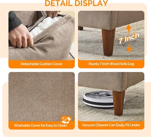 Miniatura 7 de VINGLI Juego de 2 sillas decorativas modernas de mediados de siglo, sillón tapizado marrón claro, cómodos sillones de lectura, respaldo alto