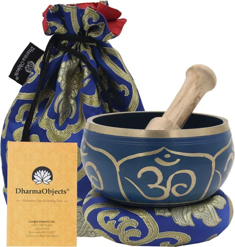 Miniatura 9 de DharmaObjects ~ Juego de cuencos tibetanos OM con mazo, cojín de brocado y bolsa de transporte ~ para meditación, curación de chakras, oración, yoga