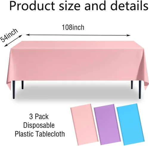 Miniatura 2 de Paquete de 3 manteles de plástico desechables de 54 x 108 pulgadas, color morado claro, azul claro, rosa claro, para mesas de 6 a 8 pies, fiestas