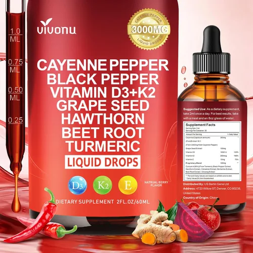 Suplemento líquido de gotas de pimienta de cayena + tecnología liposomal 98% de absorción, soportes* vena de piernas, corazón y vasos sanguíneos*