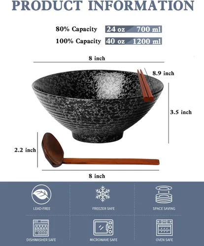 Miniatura 2 de Kanwone Juego de cuencos de cerámica japoneses para ramen, cuencos de sopa de fideos, 37 onzas, con cucharas y palillos a juego para fideos Negro