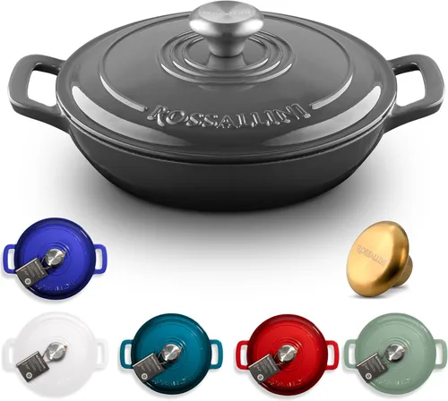 ROSSALLINI Cacerola de Hierro Fundido Esmaltada Signature, Olla de Servir Antiadherente con Tapa de Cierre Hermético para Asado Perfecto, Horneado,