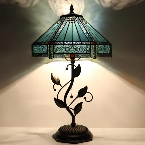Miniatura 8 de Tiffany Table Lamp, Pink Stained Glass Desk Light, W12H19 Inch, Metal Leaf Base (Pink Baroque Style)