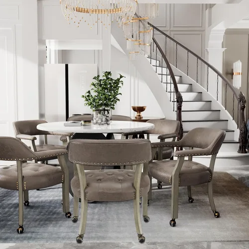 Miniatura 31 de Juego de 8 sillas de cuero de comedor con ruedas y brazos, silla de capitán Accent con ruedas, sillas de madera con ruedas enrollables para cocina
