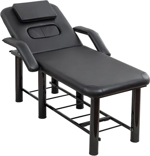 Mesa de masaje estacionaria, cama de masaje con estante de almacenamiento, cama facial de spa con cojines para el pecho y reposacabezas extraíbles,