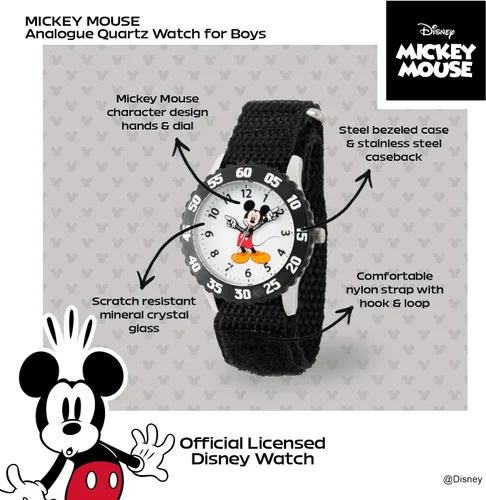 Miniatura 2 de Disney Mickey Mouse Reloj para niños con bisel de acero inoxidable, profesor de tiempo analógico, correa de nylon