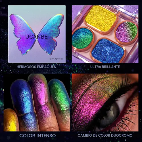 Miniatura 5 de UCANBE Paleta de maquillaje de sombra de ojos multicromo camaleón, 4 colores holográficos metálicos con brillo, paleta de sombra de ojos de alta