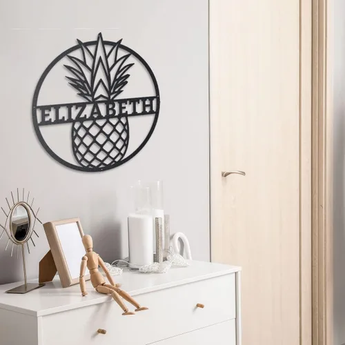 Miniatura 8 de RealSteel Arte de pared personalizado de metal de piña, letrero de nombre familiar con monograma tropical personalizado Decoración de casa