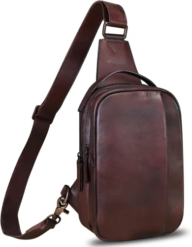 LRTO Bolso de cuero genuino para hombres y mujeres, mochila bandolera de cuero real para el pecho, bolso cruzado, Café, Mochilas Sling