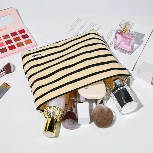 Miniatura 6 de SOIDRAM 2 Piezas Bolsa de Maquillaje Grande con Rayas, Bolsa de Cosméticos de Gran Capacidad, de Lona, Bolsa Organizadora de Artículos de Tocador
