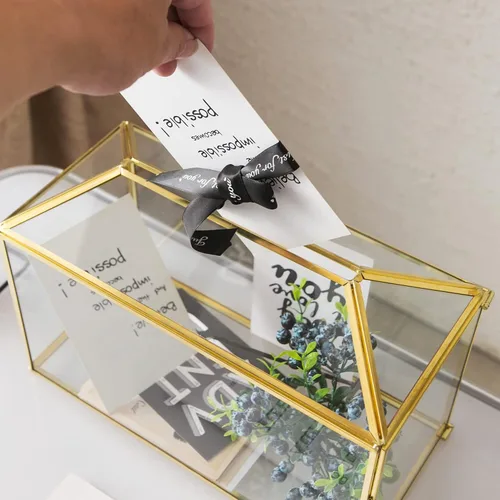Miniatura 4 de Caja de Tarjetas de Boda de Cristal con Ranura, Caja de Tarjetas Transparente Grande de 12.6 Pulgadas de Latón Dorado con Cerradura para Recepciones