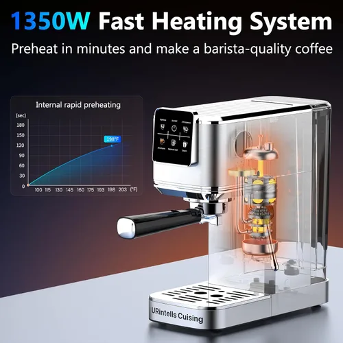 Miniatura 5 de URintells Cuising Máquina de Espresso de 20 Bar, Cafetera de Espresso con Pantalla Táctil con Espumador de Leche al Vapor, Máquina de Café de Acero