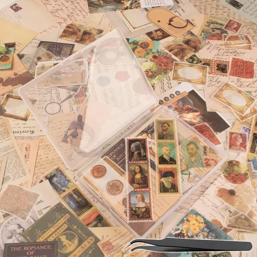 200 calcomanías vintage para álbumes de recortes, kit de suministros estéticos de estampado de diario basura para álbumes de recortes, papel Washi