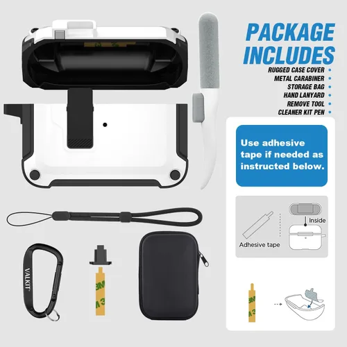 Miniatura 6 de Valkit Funda Compatible con Airpods Pro de 2ª/1ª Generación con Kit de Limpieza, Funda Militar para AirPod Pro 2 con Candado y Cordón, Funda Blanco