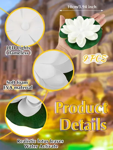 Miniatura 2 de Hortsun 9 luces flotantes de loto con pilas, almohadillas de lirio, flores de piscina, velas flotantes, decoración de plantas de estanque