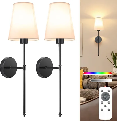 Miniatura 28 de NIORSUN Juego de 2 apliques de pared con pilas de 13.8 pulgadas, luces de pared recargables negras con bombillas desmontables regulables de 10400