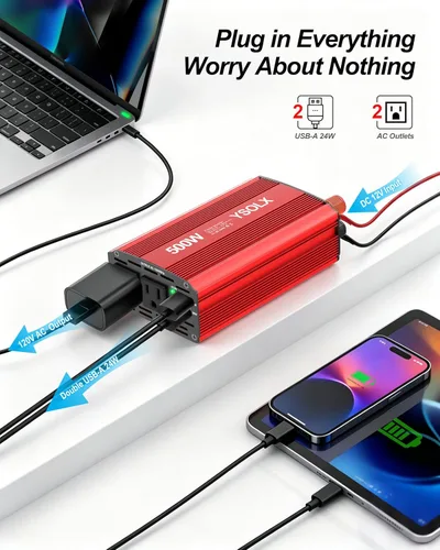 Miniatura 2 de YSOLX Inversor de corriente de 500 W de 12 V a 110 V para vehículos con carga rápida dual USB de 24 W y 2 salidas de CA, ideal para viajes por