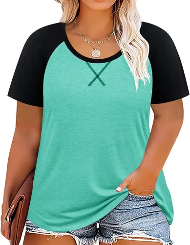 TIYOMI Camiseta de talla grande para mujer, túnica de manga corta, cuello redondo, blusa de verano XL-5XL 14-28