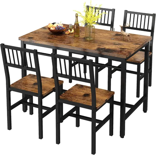 Miniatura 5 de AWQM Juego de mesa de comedor de 47.2 pulgadas para 4, mesa industrial con 4 sillas curvas, juego de mesa de cocina rectangular de 5 piezas