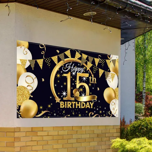 Miniatura 6 de Decoración de fiesta de cumpleaños número 15, cartel póster de tela extra grande negro y dorado para telón de fondo de cabina de fotos