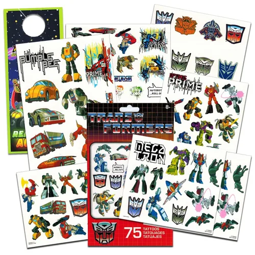 Transformers - Paquete de tatuajes temporales para fiestas, 75 tatuajes para niños, más colgador de puerta de Rex-Man (recuerdos de fiesta)
