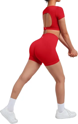 Miniatura 4 de SUUKSESS Conjunto de 2 piezas de entrenamiento acanalado sin costuras con espalda abierta y manga corta y glúteos fruncidos
