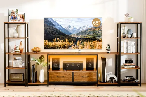 Soporte de TV para televisores de hasta 65 pulgadas, centro de entretenimiento con 2 estanterías, consola de TV moderna rústica con 2 cajones de