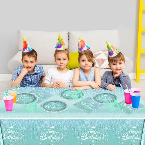 Miniatura 6 de Juego de vajilla verde azulado y plateado, tema de feliz cumpleaños azul, 20 platos y 20 servilletas y manteles de 71'' x 42'' para niñas y mujeres