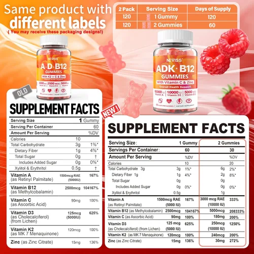 Miniatura 2 de Gomitas ADK+Vitamina B12 sin Azúcar - Vitamina D3 K2 10,000UI/ 5000UI, B12 5000 mcg 2500 mcg, K2 (MK-7) 240 mcg, Multivitamínico para Adultos