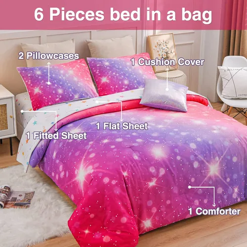 Miniatura 4 de A Nice Night Juego de ropa de cama de 6 piezas con purpurina degradada para niñas, juego de edredón colorido de galaxia arco iris, juegos de ropa