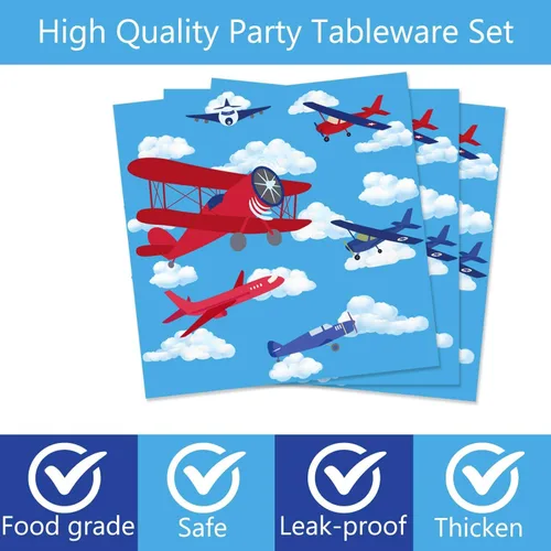 Miniatura 4 de 80 piezas de suministros de fiesta de avión, platos de papel para aviones, servilletas, tenedores, vajilla para temática de aviación para niños