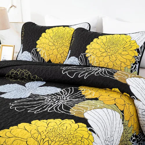 Miniatura 3 de Edredones Florales Amarillos Tamaño California King Juego de Colcha - 3 Piezas Colcha Ligera Negra Cal King con 2 Fundas de Almohada - Juego