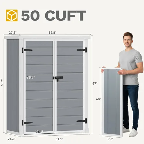 Miniatura 3 de DWVO Cobertizo de almacenamiento alto para exteriores de 50 pies cúbicos con 2 estantes, cobertizo vertical de herramientas de 4.3 x 2 x 5.5 pies