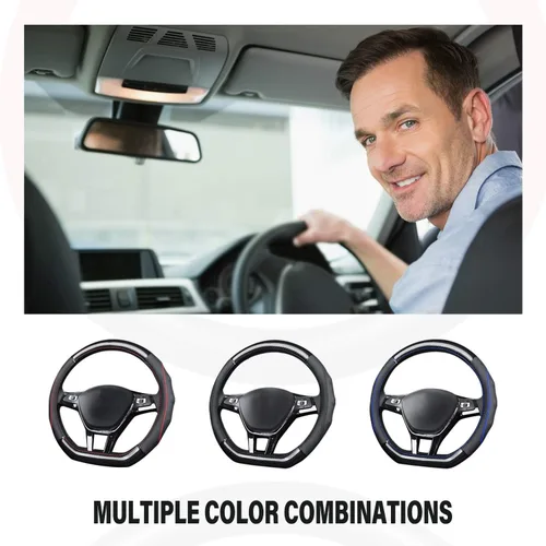 Miniatura 3 de Ergocar Funda para Volante de Coche Antideslizante Protector de Volante Deportivo en Forma de D de Fibra de Carbono y Primera Capa de Cuero de Vaca