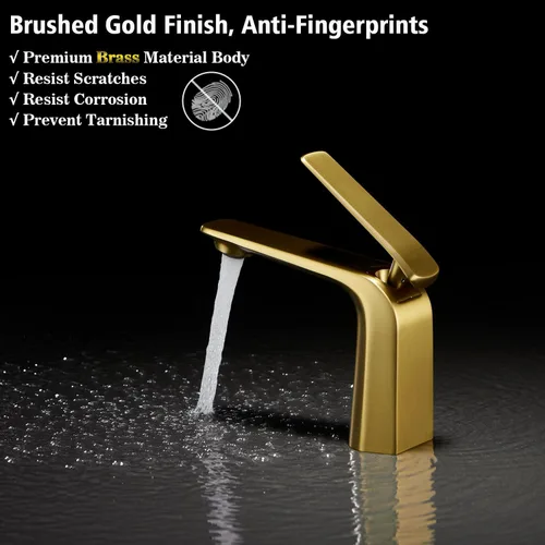 Miniatura 4 de TOCALOCA Grifo de baño de oro cepillado, un solo orificio, una sola palanca, grifo de lavabo tipo vasija, cobre, flujo aireado, 2.2 GPM, garantía