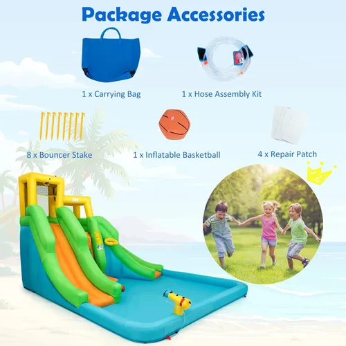 Miniatura 7 de HONEY JOY - Tobogán acuático inflable, parque acuático inflable 6 en 1 con muro para escalar y 2 toboganes largos, piscina, castillo inflable