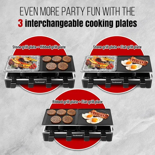 Miniatura 3 de Raclette Grill, Techwood - Parrilla eléctrica para interiores con 2 platos antiadherentes reversibles, 1 placa de parrilla de piedra, calentamiento