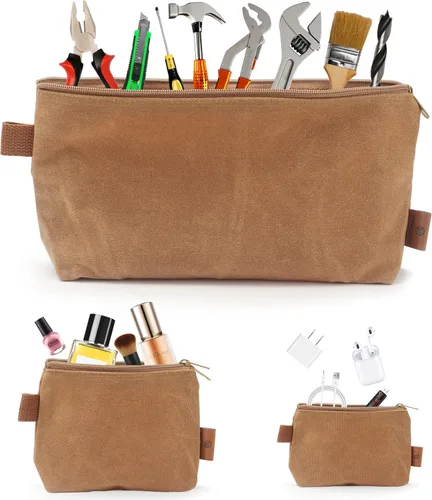 Miniatura 6 de Bolsa de Lona con Cremallera, Paquete de 3 Organizador de Bolsa Pequeña para Herramientas, Bolsa Mini con Cremallera de Lona Encerada Resistente